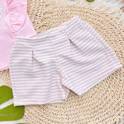 Conj. Blusa Coração com Flores Bordadas e Short Listrado - Rosa